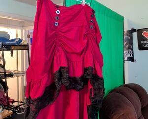 Elegant Red High-Low Skirt with Black Lace Trim